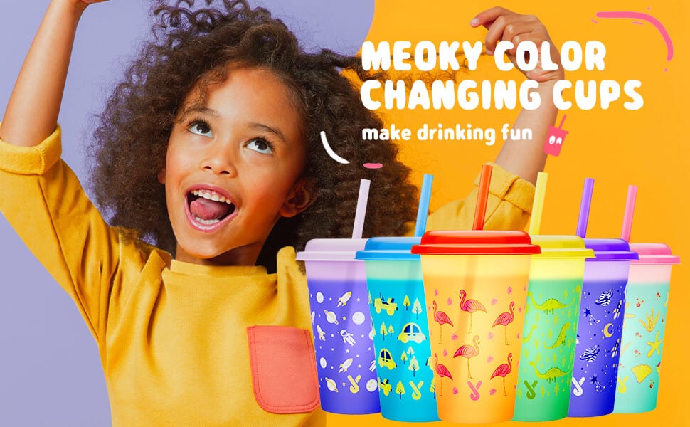 Meoky Color Changing Cups with Lids and Straws for Kids 6Pack 12oz Plastic Reusable Cold Drink Tumblers Summer Party Cups