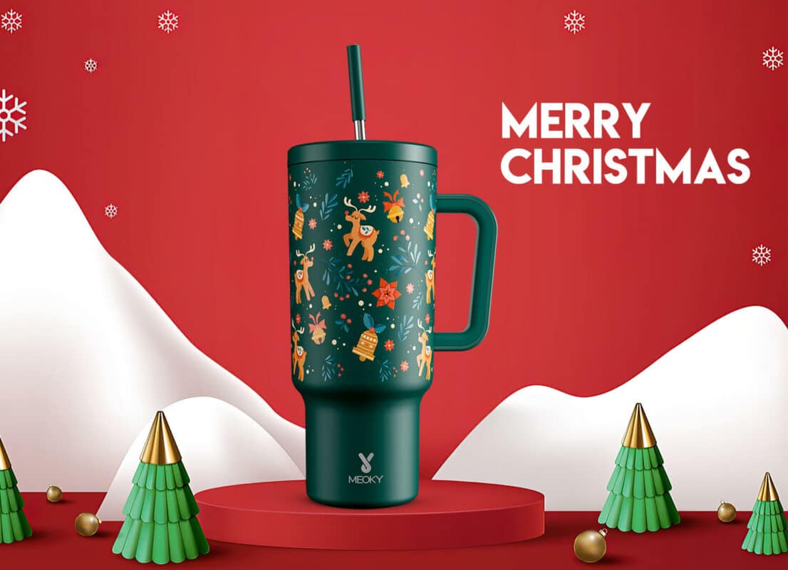 Meoky 40oz tumbler with handle and straw lid Christmas special edition-green