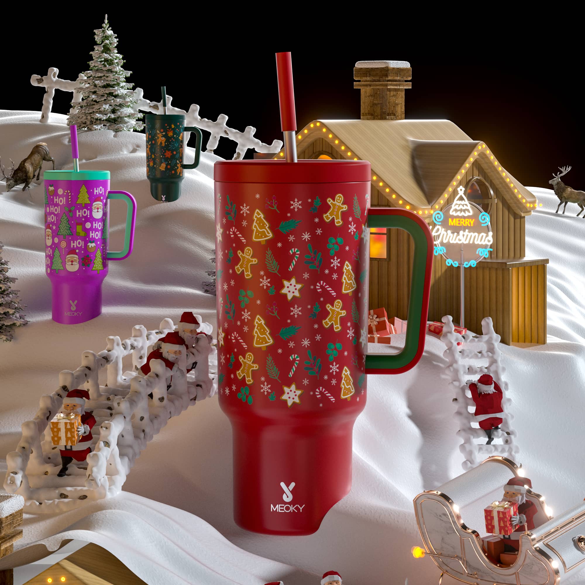 Meoky 40oz Tumbler with Handle and Straw Lid Gingerbread