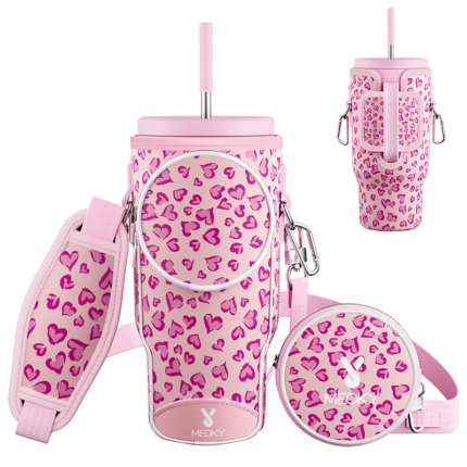 MEOKY 40oz Tumbler Sleeve with Phone Pocket & Adjustable Strap - pink cup bag